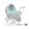 Rieten poppenwagen met kap Mint Grijs Polkaprikker