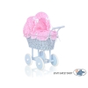Rieten poppenwagen met kap Roze Blauw Geruit