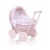 Rieten poppenwagen met kap Roze Wit