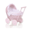 Rieten poppenwagen met kap Roze Wit