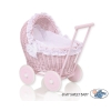 Rieten poppenwagen met kap Roze Wit