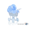 Rieten poppenwagen met kap Wit Blauw Polkaprikker