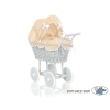 Rieten poppenwagen met kap Wit Grijs Beige Polkaprikker