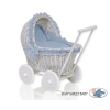 Rieten poppenwagen met stoffen kap Grijs Pastelblauw