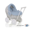 Rieten poppenwagen met stoffen kap Grijs Pastelblauw