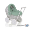 Rieten poppenwagen met stoffen kap Grijs Pastelgroen