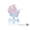Rieten poppenwagen met stoffen kap Roze Blauw Bloemenweide Bloemen