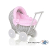 Rieten poppenwagen met stoffen kap Roze Grijs Polkaprikker