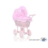Rieten poppenwagen met stoffen kap Roze Polkaprikker Stofroze