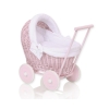 Rieten poppenwagen met stoffen kap Roze Wit