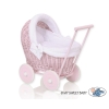 Rieten poppenwagen met stoffen kap Roze Wit