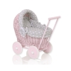 Rieten poppenwagen met stoffen kap Roze Wit Grijs Polkaprikker