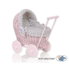 Rieten poppenwagen met stoffen kap Roze Wit Grijs Polkaprikker