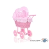 Rieten poppenwagen met stoffen kap Roze Wit Polkaprikker