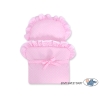 Rieten poppenwagen met stoffen kap Roze Wit Polkaprikker Stofroze