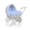 Rieten poppenwagen met stoffen kap Wit Grijs Blauw Polkaprikker