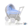 Rieten poppenwagen met stoffen kap Wit Grijs Blauw Polkaprikker