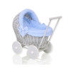 Rieten poppenwagen met stoffen kap Wit Grijs Blauw Polkaprikker