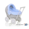 Rieten poppenwagen met stoffen kap Wit Grijs Blauw Polkaprikker