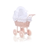 Rieten poppenwagen met stoffen kap Wit Poederroze