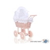 Rieten poppenwagen met stoffen kap Wit Poederroze