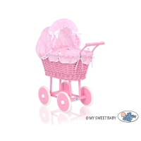 Rieten Poppenwagen Donker Roze