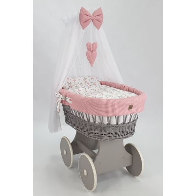 Baby wiegje grote wielen Grijs met Textiel Poederroze