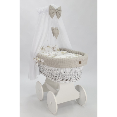 Baby wiegje grote wielen Wit met Textiel Beige