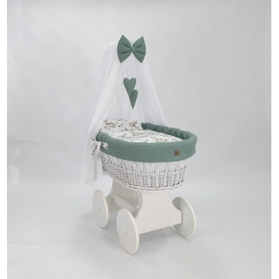 Baby wiegje grote wielen Wit met Textiel Khaki