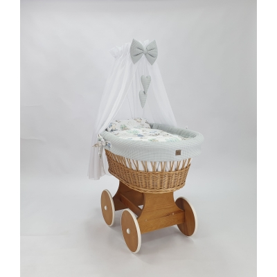Baby wiegje Rotan Wieg Naturel Grote Wielen met Textiel Grijs