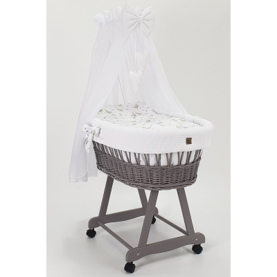 Grijze Rotan Baby Wiegje met Bedtextiel Witte Wafel