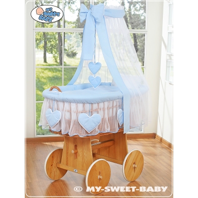 Babywieg op Wielen / Rieten Babybed met Hemeltje Blauw Amelie