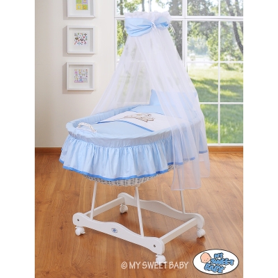 Babywieg op Wielen / Rieten Babybed met Hemeltje -  Blauw Teddy Bear Branaba