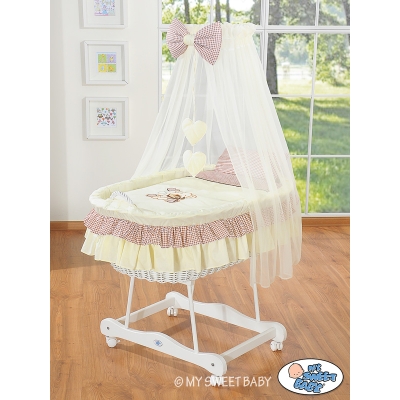 Babywieg op Wielen / Rieten Babybed met Hemeltje -  Bruin Bear With Bow