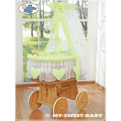 Babywieg op Wielen / Rieten Babybed met Hemeltje Groen Amelie