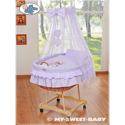 Babywieg op Wielen / Rieten Babybed met Hemeltje -  Purper Bear With Bow