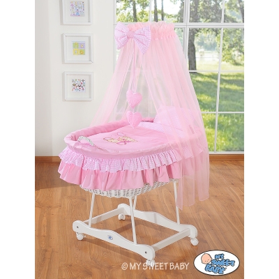 Babywieg op Wielen / Rieten Babybed met Hemeltje -  Roze Bear With Bow