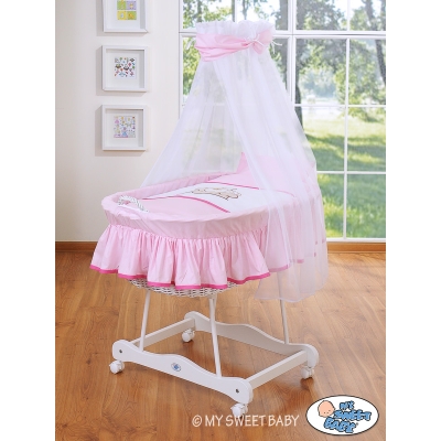 Babywieg op Wielen / Rieten Babybed met Hemeltje -  Roze Teddy Bear Branaba