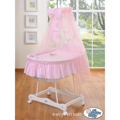 Babywieg op Wielen / Rieten Babybed met Hemeltje -  Roze Welterusten