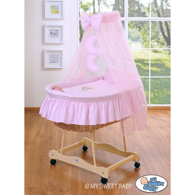 Babywieg op Wielen / Rieten Babybed met Hemeltje -  Roze Welterusten