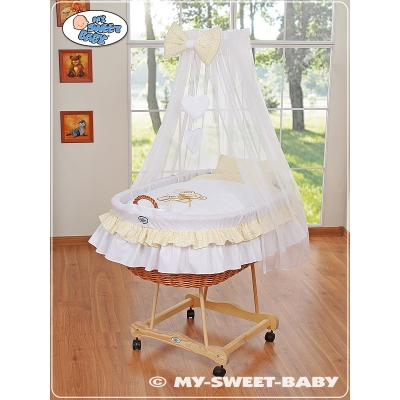 Babywieg op Wielen / Rieten Babybed met Hemeltje -  Wit Bear With Bow