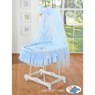 Babywieg op Wielen / Rieten Babymand met Hemeltje -  Blauw Bear With Bow