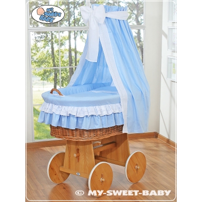 Babywieg op Wielen / Rieten Babymand met Hemeltje  Blauw Bellamie