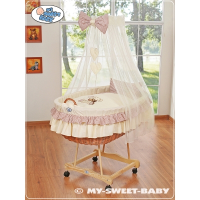 Babywieg op Wielen / Rieten Babymand met Hemeltje -  Bruin Bear With Bow
