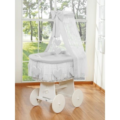 Babywieg op Wielen / Rieten Babymand met Hemeltje  Grijs Amelie