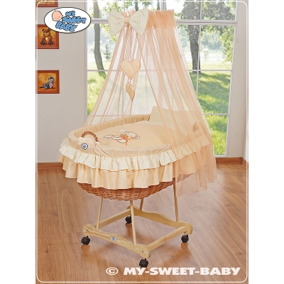 Babywieg op Wielen / Rieten Babymand met Hemeltje -  Perzik Bear With Bow