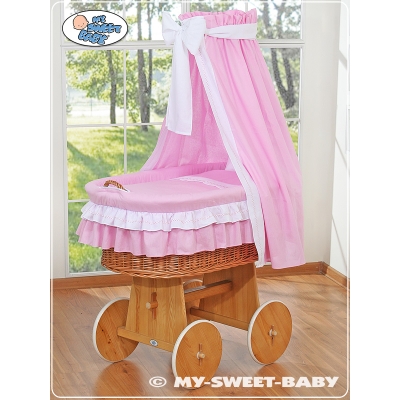 Babywieg op Wielen / Rieten Babymand met Hemeltje  Roze Bellamie Voor Meisjes