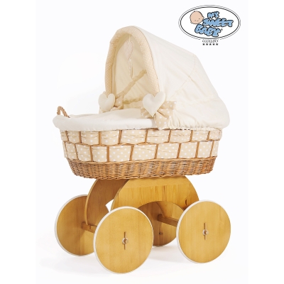 Babywieg op Wielen / Rieten en Houten Wieg - met Kap - Beddengoed Isabella