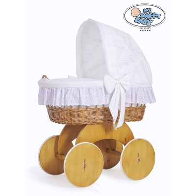 Babywieg op Wielen / Rieten en Houten Wieg - met Kap - Beddengoed Sophia