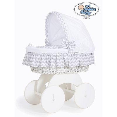 Babywieg op Wielen / Rieten en Houten Wieg - met Kap - Beddengoed Wit Grijs Hanna